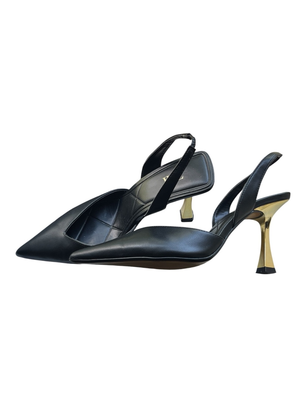 Zara Black Slingback Pointed-Toe Heels with Gold Stiletto Size 38